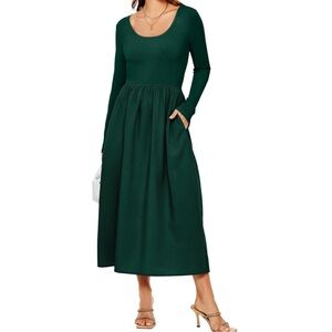 Glamaker Womens Long Sleeve Midi Casual A Line Dress with Pockets- Green. Size M